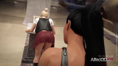 美術館でセックスする3Dアニメのふたなり彼女たち
