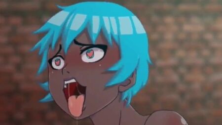 青い髪のエロアニメ少女の精液ゴミ箱