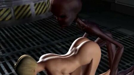 3Dのエイリアンが金髪の女性とセックスをする